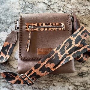 Wrangler Dark Brown Messenger Bag with Leopard Print Strap